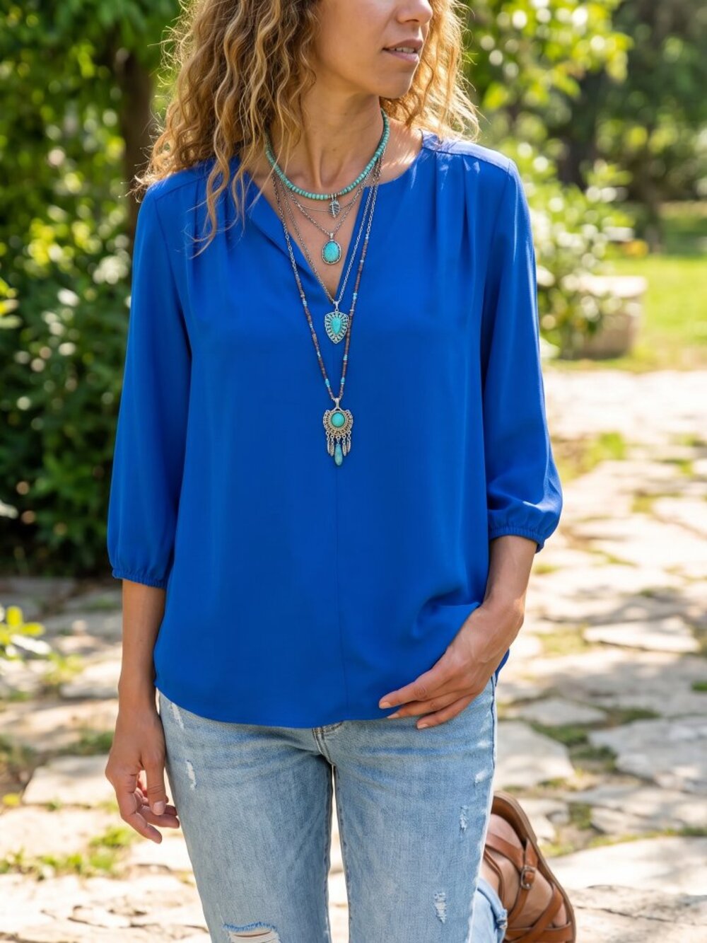 Pleione Top M Royal Blue 3/4 Sleeve Split Neck Flowy Office Coastal Boho Chic